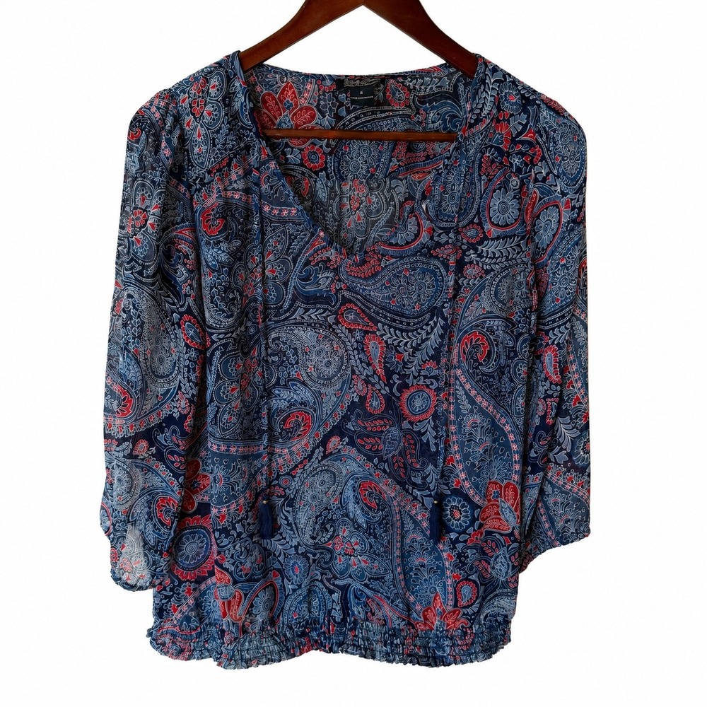 Lucky‎ Brand Women Blue Red Paisley Chiffon Smocked Hem Tassel Tie Blouse Small